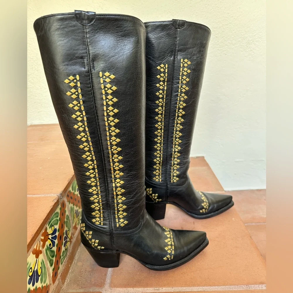Calleen Cordero women’s black cowboy boot w/ brass diamond embellishment Size 6 - Picture 4 of 13